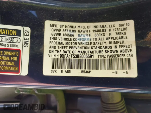 ✅ 2011 Honda Civic LX • VIN: 19XFA1F53BE005591 • Lot: 45400145. Listed on IAAI with 200,141 mi. Free auction sales archive from the USA and detailed vehicle history report at DreamBid. Image 9.