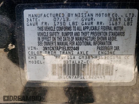 ✅ 2014 Nissan Versa S • VIN: 3N1CN7AP1EL822449 • Lot: 99807845. Listed on Copart with 183,194 mi. Free auction sales archive from the USA and detailed vehicle history report at DreamBid. Image 12.