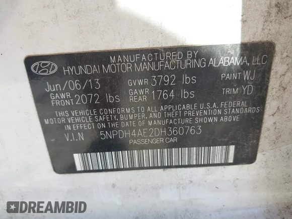 ✅ 2013 Hyundai Elantra Limited • VIN: 5NPDH4AE2DH360763 • Lot: 45285678. Listed on IAAI with 176,466 mi. Free auction sales archive from the USA and detailed vehicle history report at DreamBid. Image 9.