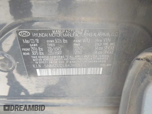 ✅ 2018 Hyundai Santa Fe 2.4L • VIN: 5NMZUDLB4JH105173 • Lot: 45159324. Listed on IAAI with 134,000 mi. Free auction sales archive from the USA and detailed vehicle history report at DreamBid. Image 9.