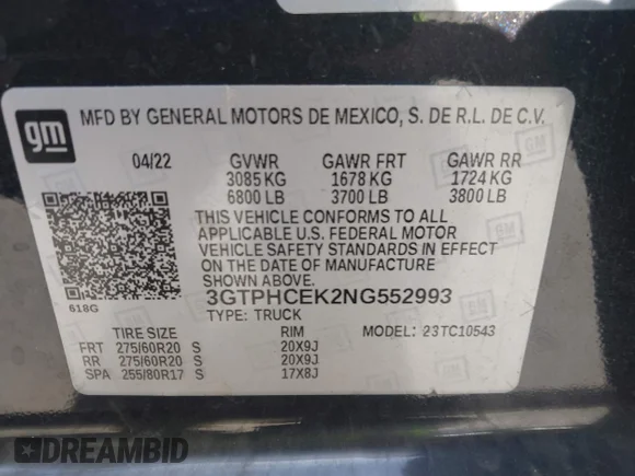 ✅ 2022 GMC Sierra 1500 Elevation • VIN: 3GTPHCEK2NG552993 • Lot: 42324526. Wystawiony na IAAI z przebiegiem Nie podano. Bezpłatny archiwum sprzedaży aukcyjnych z USA i szczegółowy raport historii pojazdu na DreamBid. Zdjęcie 9.