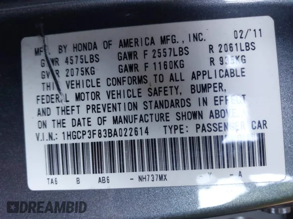 ✅ 2011 Honda Accord EX-L • VIN: 1HGCP3F83BA022614 • Lot: 45605464. Listed on IAAI with 178,312 mi. Free auction sales archive from the USA and detailed vehicle history report at DreamBid. Image 9.