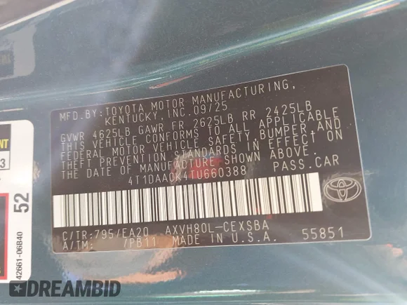 ✅ 2026 Toyota Camry XSE • VIN: 4T1DAACK4TU660388 • Lot: 44341226. Wystawiony na IAAI z przebiegiem 2 496 mil. Bezpłatny archiwum sprzedaży aukcyjnych z USA i szczegółowy raport historii pojazdu na DreamBid. Zdjęcie 9.