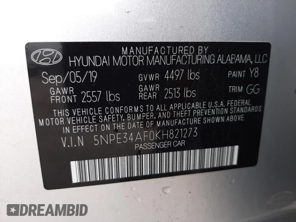 ✅ 2019 Hyundai Sonata SEL • VIN: 5NPE34AF0KH821273 • Lot: 71286002. Listed on Copart with 38,827 mi. Free auction sales archive from the USA and detailed vehicle history report at DreamBid. Image 15.