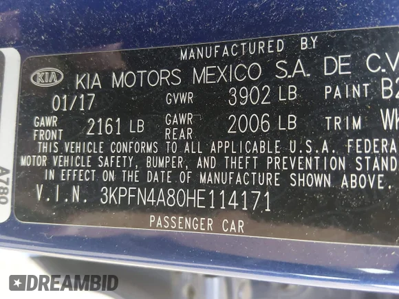 ✅ 2017 Kia Forte EX • VIN: 3KPFN4A80HE114171 • Lot: 45533047. Listed on IAAI with 102,699 mi. Free auction sales archive from the USA and detailed vehicle history report at DreamBid. Image 9.