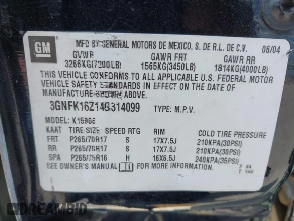 ✅ 2004 Chevrolet Suburban LT • VIN: 3GNFK16Z14G314099 • Lot: 44706469. Listed on IAAI with Not provided. Free auction sales archive from the USA and detailed vehicle history report at DreamBid. Image 9.