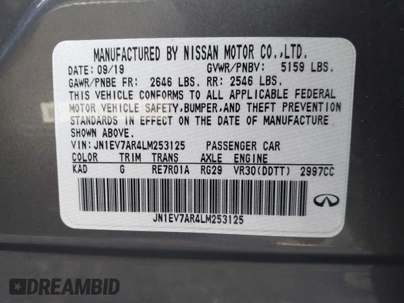 ✅ 2020 Infiniti Q50 Luxe • VIN: JN1EV7AR4LM253125 • Lot: 41207634. Wystawiony na IAAI z przebiegiem 35 860 mil. Bezpłatny archiwum sprzedaży aukcyjnych z USA i szczegółowy raport historii pojazdu na DreamBid. Zdjęcie 9.