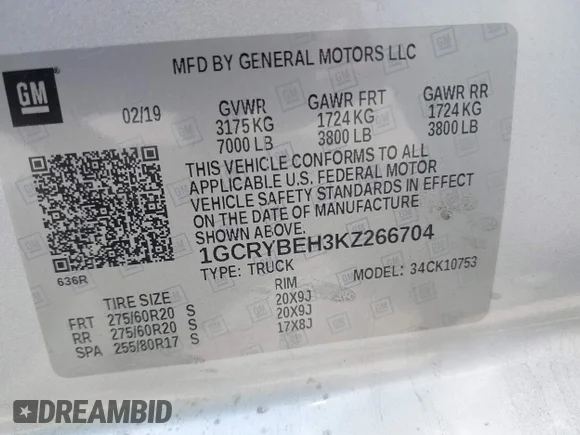 ✅ 2019 Chevrolet Silverado 1500 Custom • VIN: 1GCRYBEH3KZ266704 • Lot: 42248505. Wystawiony na IAAI z przebiegiem 87 387 mil. Bezpłatny archiwum sprzedaży aukcyjnych z USA i szczegółowy raport historii pojazdu na DreamBid. Zdjęcie 9.