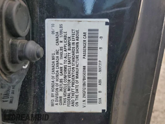 ✅ 2011 Honda Civic LX • VIN: 2HGFG1B67BH503988 • Lot: 95680525. Wystawiony na Copart z przebiegiem 303 206 mil. Bezpłatny archiwum sprzedaży aukcyjnych z USA i szczegółowy raport historii pojazdu na DreamBid. Zdjęcie 12.