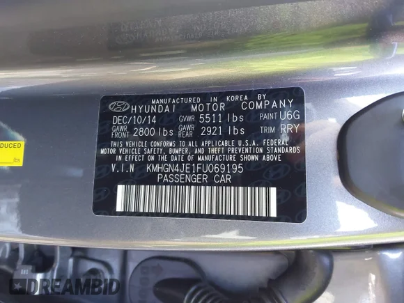 ✅ 2015 Hyundai Genesis 3.8L • VIN: KMHGN4JE1FU069195 • Lot: 44375886. Wystawiony na IAAI z przebiegiem 8 502 mil. Bezpłatny archiwum sprzedaży aukcyjnych z USA i szczegółowy raport historii pojazdu na DreamBid. Zdjęcie 9.