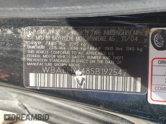 ✅ 2005 BMW 6 Series 645Ci • VIN: WBAEH73485B192542 • Lot: 42990062. Listed on IAAI with 134,094 mi. Free auction sales archive from the USA and detailed vehicle history report at DreamBid. Image 9.