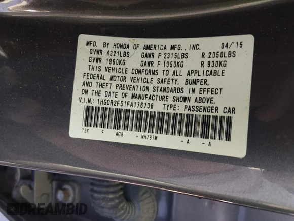 ✅ 2015 Honda Accord Sport • VIN: 1HGCR2F51FA176738 • Lot: 44116754. Wystawiony na IAAI z przebiegiem 59 780 mil. Bezpłatny archiwum sprzedaży aukcyjnych z USA i szczegółowy raport historii pojazdu na DreamBid. Zdjęcie 9.