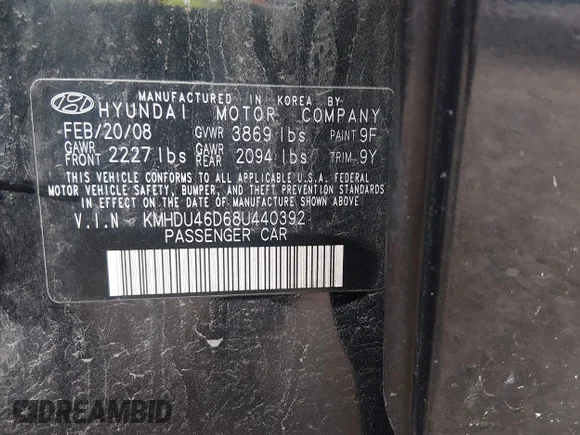 ✅ 2008 Hyundai Elantra GLS • VIN: KMHDU46D68U440392 • Лот: 45469121. Опубліковано раніше на IAAI з пробігом 218 955 миль. Безкоштовний доступ до архіву аукціонних продажів зі США та докладний звіт про історію автомобіля на DreamBid. Зображення 9.