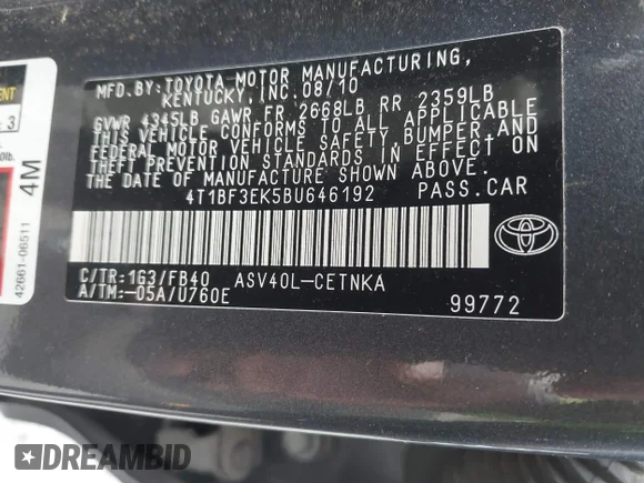 ✅ 2011 Toyota Camry LE • VIN: 4T1BF3EK5BU646192 • Lot: 45402221. Wystawiony na IAAI z przebiegiem 215 979 mil. Bezpłatny archiwum sprzedaży aukcyjnych z USA i szczegółowy raport historii pojazdu na DreamBid. Zdjęcie 9.