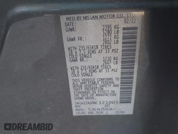 ✅ 2022 Nissan Murano S • VIN: 5N1AZ2AS0NC121005 • Lot: 42728914. Wystawiony na IAAI z przebiegiem 69 973 mil. Bezpłatny archiwum sprzedaży aukcyjnych z USA i szczegółowy raport historii pojazdu na DreamBid. Zdjęcie 9.
