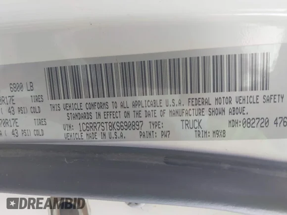 ✅ 2019 Ram 1500 Tradesman • VIN: 1C6RR7ST8KS690897 • Лот: 43393176. Опубликован ранее на IAAI с пробегом 167 070 миль. Бесплатный доступ к архиву аукционных продаж из США и подробный отчёт об истории автомобиля на DreamBid. Изображение 9.