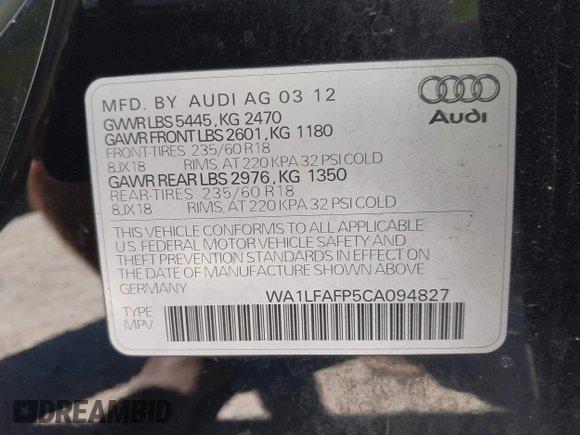 ✅ 2012 Audi Q5 Premium Plus • VIN: WA1LFAFP5CA094827 • Lot: 42707989. Wystawiony na IAAI z przebiegiem 183 135 mil. Bezpłatny archiwum sprzedaży aukcyjnych z USA i szczegółowy raport historii pojazdu na DreamBid. Zdjęcie 9.