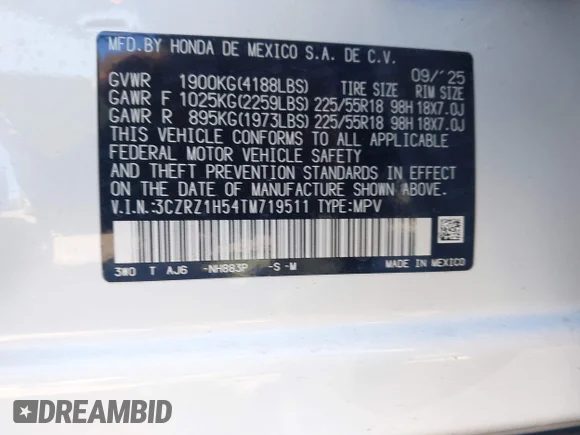 ✅ 2026 Honda HR-V Sport • VIN: 3CZRZ1H54TM719511 • Lot: 44244443. Wystawiony na IAAI z przebiegiem 666 mil. Bezpłatny archiwum sprzedaży aukcyjnych z USA i szczegółowy raport historii pojazdu na DreamBid. Zdjęcie 9.
