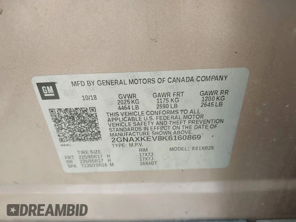 ✅ 2019 Chevrolet Equinox LT • VIN: 2GNAXKEV8K6160869 • Lot: 45199704. Wystawiony na IAAI z przebiegiem 110 455 mil. Bezpłatny archiwum sprzedaży aukcyjnych z USA i szczegółowy raport historii pojazdu na DreamBid. Zdjęcie 9.