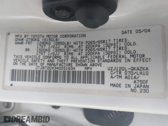 ✅ 2004 Lexus GX 470 • VIN: JTJBT20X340051634 • Lot: 44879392. Wystawiony na IAAI z przebiegiem 173 125 mil. Bezpłatny archiwum sprzedaży aukcyjnych z USA i szczegółowy raport historii pojazdu na DreamBid. Zdjęcie 9.