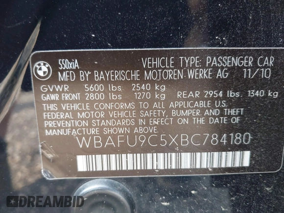 ✅ 2011 BMW 5 Series 550i xDrive • VIN: WBAFU9C5XBC784180 • Lot: 42940642. Wystawiony na IAAI z przebiegiem 146 886 mil. Bezpłatny archiwum sprzedaży aukcyjnych z USA i szczegółowy raport historii pojazdu na DreamBid. Zdjęcie 9.
