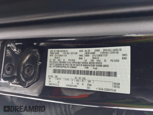 ✅ 2020 Ford F-150 XL • VIN: 1FTEW1EP5LFC19943 • Lot: 43829991. Wystawiony na IAAI z przebiegiem 38 912 mil. Bezpłatny archiwum sprzedaży aukcyjnych z USA i szczegółowy raport historii pojazdu na DreamBid. Zdjęcie 9.