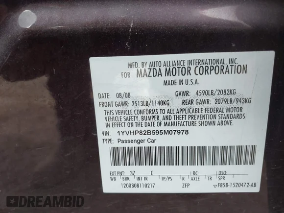 ✅ 2009 Mazda 6 S Grand Touring • VIN: 1YVHP82B595M07978 • Лот: 41509734. Опубликован ранее на IAAI с пробегом 209 834 миль. Бесплатный доступ к архиву аукционных продаж из США и подробный отчёт об истории автомобиля на DreamBid. Изображение 8.