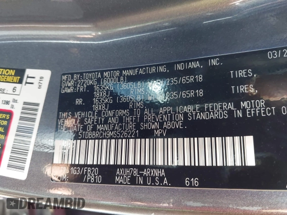 ✅ 2021 Toyota Highlander Hybrid LE • VIN: 5TDBBRCH9MS526221 • Lot: 44403637. Wystawiony na IAAI z przebiegiem 118 135 mil. Bezpłatny archiwum sprzedaży aukcyjnych z USA i szczegółowy raport historii pojazdu na DreamBid. Zdjęcie 9.