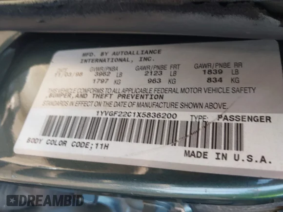 ✅ 1999 Mazda 626 ES • VIN: 1YVGF22C1X5836200 • Lot: 42471226. Wystawiony na IAAI z przebiegiem 84 844 mil. Bezpłatny archiwum sprzedaży aukcyjnych z USA i szczegółowy raport historii pojazdu na DreamBid. Zdjęcie 9.