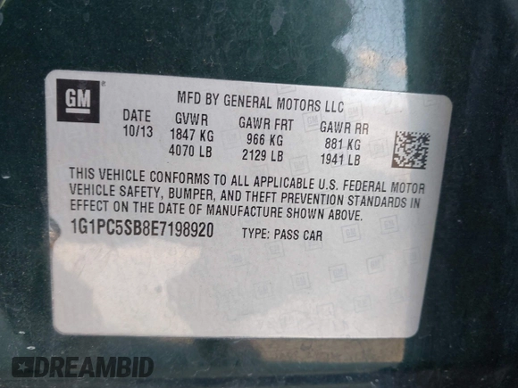 ✅ 2014 Chevrolet Cruze 1LT • VIN: 1G1PC5SB8E7198920 • Lot: 44001062. Wystawiony na IAAI z przebiegiem 139 041 mil. Bezpłatny archiwum sprzedaży aukcyjnych z USA i szczegółowy raport historii pojazdu na DreamBid. Zdjęcie 9.