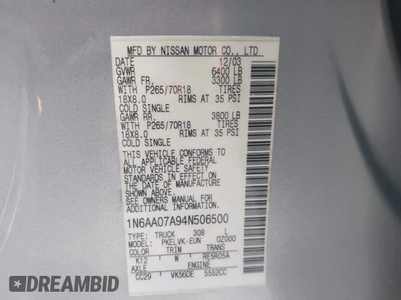 ✅ 2004 Nissan Titan SE • VIN: 1N6AA07A94N506500 • Lot: 41628798. Wystawiony na IAAI z przebiegiem 282 271 mil. Bezpłatny archiwum sprzedaży aukcyjnych z USA i szczegółowy raport historii pojazdu na DreamBid. Zdjęcie 9.