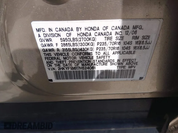 ✅ 2007 Honda Pilot EX-L • VIN: 2HKYF18617H524061 • Lot: 45135012. Listed on IAAI with 178,344 mi. Free auction sales archive from the USA and detailed vehicle history report at DreamBid. Image 9.