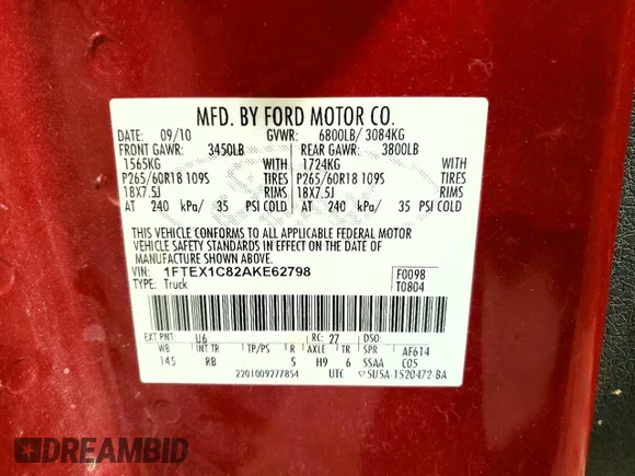 ✅ 2010 Ford F-150 XL • VIN: 1FTEX1C82AKE62798 • Lot: 99937505. Wystawiony na Copart z przebiegiem 241 723 mil. Bezpłatny archiwum sprzedaży aukcyjnych z USA i szczegółowy raport historii pojazdu na DreamBid. Zdjęcie 12.