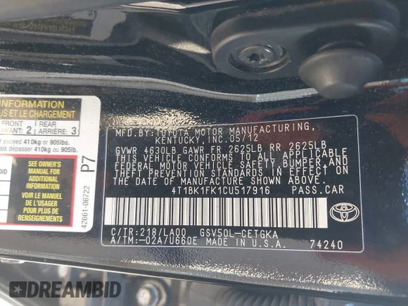 ✅ 2012 Toyota Camry SE • VIN: 4T1BK1FK1CU517916 • Лот: 44831065. Опубліковано раніше на IAAI з пробігом 217 356 миль. Безкоштовний доступ до архіву аукціонних продажів зі США та докладний звіт про історію автомобіля на DreamBid. Зображення 9.