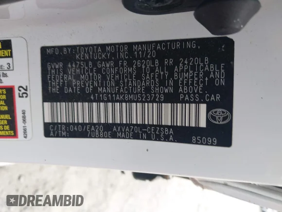 ✅ 2021 Toyota Camry SE • VIN: 4T1G11AK8MU523729 • Lot: 43368371. Wystawiony na IAAI z przebiegiem 153 499 mil. Bezpłatny archiwum sprzedaży aukcyjnych z USA i szczegółowy raport historii pojazdu na DreamBid. Zdjęcie 9.