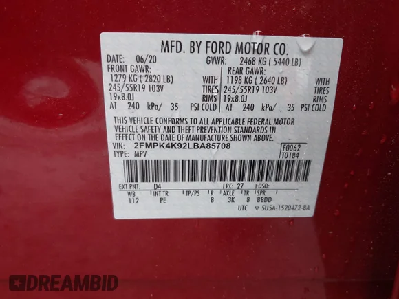 ✅ 2020 Ford Edge Titanium • VIN: 2FMPK4K92LBA85708 • Лот: 45169724. Опубликован ранее на IAAI с пробегом 20 661 миль. Бесплатный доступ к архиву аукционных продаж из США и подробный отчёт об истории автомобиля на DreamBid. Изображение 9.