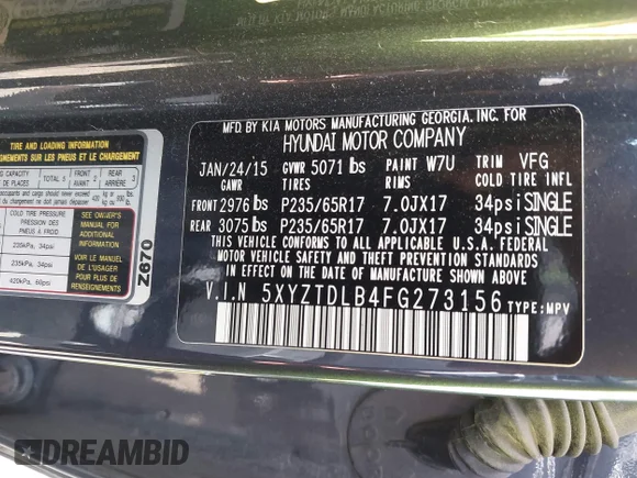 ✅ 2015 Hyundai Santa Fe • VIN: 5XYZTDLB4FG273156 • Лот: 45585001. Опубликован ранее на IAAI с пробегом 119 221 миль. Бесплатный доступ к архиву аукционных продаж из США и подробный отчёт об истории автомобиля на DreamBid. Изображение 9.