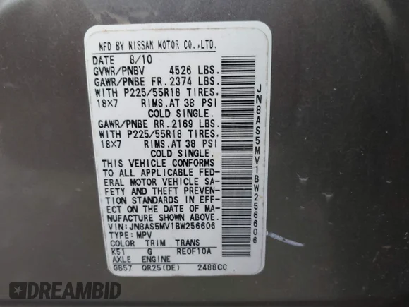 ✅ 2011 Nissan Rogue SV • VIN: JN8AS5MV1BW256606 • Lot: 44951216. Wystawiony na IAAI z przebiegiem 154 603 mil. Bezpłatny archiwum sprzedaży aukcyjnych z USA i szczegółowy raport historii pojazdu na DreamBid. Zdjęcie 9.