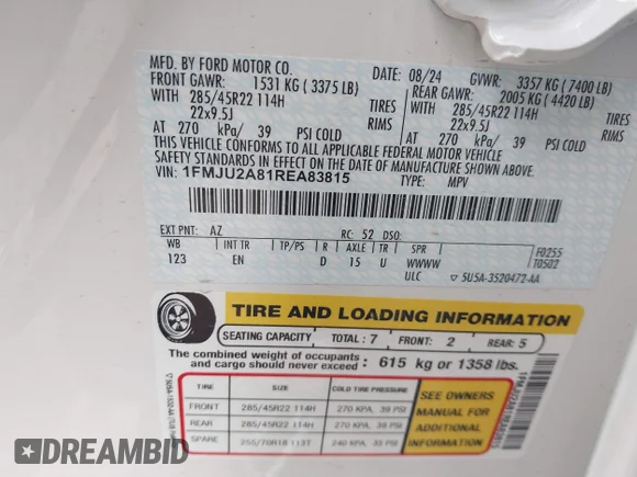 ✅ 2024 Ford Expedition Limited • VIN: 1FMJU2A81REA83815 • Лот: 41328732. Опубліковано раніше на IAAI з пробігом 4 977 миль. Безкоштовний доступ до архіву аукціонних продажів зі США та докладний звіт про історію автомобіля на DreamBid. Зображення 9.