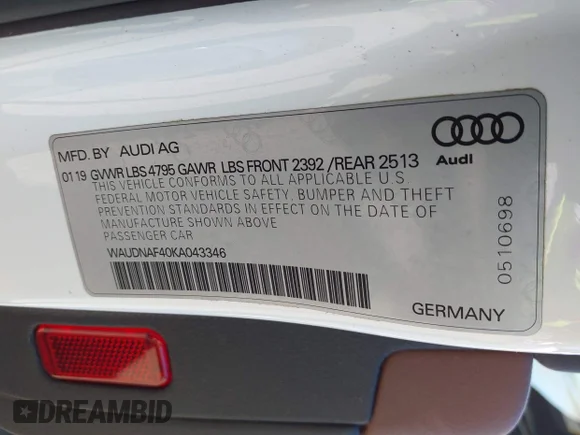 ✅ 2019 Audi A4 Premium • VIN: WAUDNAF40KA043346 • Lot: 45428634. Listed on IAAI with 53,842 mi. Free auction sales archive from the USA and detailed vehicle history report at DreamBid. Image 9.