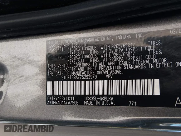 ✅ 2007 Toyota Sequoia Limited • VIN: 5TDZT38A77S293979 • Lot: 45415935. Wystawiony na IAAI z przebiegiem Nie podano. Bezpłatny archiwum sprzedaży aukcyjnych z USA i szczegółowy raport historii pojazdu na DreamBid. Zdjęcie 9.
