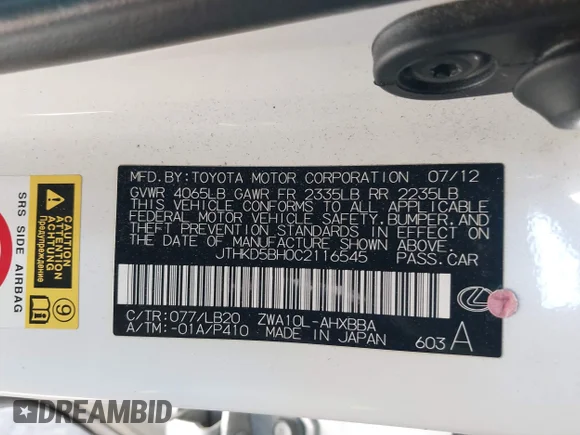 ✅ 2012 Lexus CT 200h • VIN: JTHKD5BH0C2116545 • Лот: 43187803. Опубліковано раніше на IAAI з пробігом 153 442 миль. Безкоштовний доступ до архіву аукціонних продажів зі США та докладний звіт про історію автомобіля на DreamBid. Зображення 9.