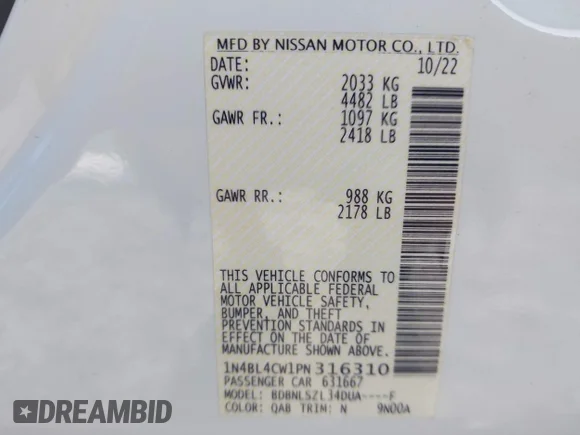 ✅ 2023 Nissan Altima SR • VIN: 1N4BL4CW1PN316310 • Lot: 43958351. Wystawiony na IAAI z przebiegiem 95 058 mil. Bezpłatny archiwum sprzedaży aukcyjnych z USA i szczegółowy raport historii pojazdu na DreamBid. Zdjęcie 9.