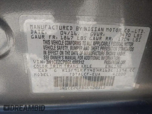✅ 2016 Nissan Note SV • VIN: 3N1CE2CP8GL400312 • Lot: 43180307. Wystawiony na IAAI z przebiegiem 143 784 mil. Bezpłatny archiwum sprzedaży aukcyjnych z USA i szczegółowy raport historii pojazdu na DreamBid. Zdjęcie 9.