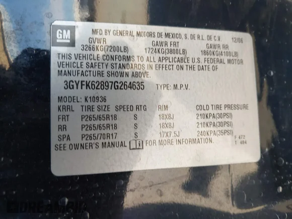 ✅ 2007 Cadillac Escalade EXT • VIN: 3GYFK62897G264635 • Lot: 44502380. Wystawiony na IAAI z przebiegiem 186 026 mil. Bezpłatny archiwum sprzedaży aukcyjnych z USA i szczegółowy raport historii pojazdu na DreamBid. Zdjęcie 9.