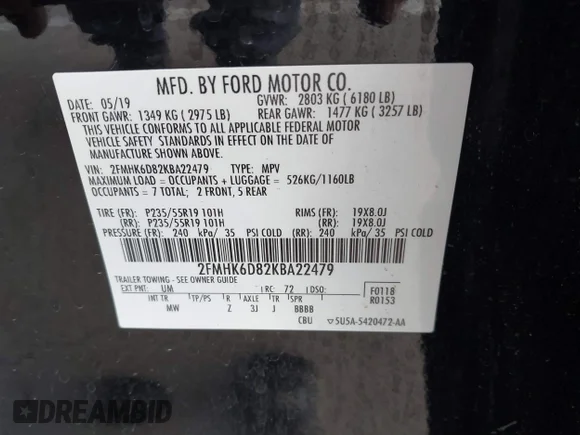 ✅ 2019 Ford Flex Limited • VIN: 2FMHK6D82KBA22479 • Лот: 41590811. Опубліковано раніше на IAAI з пробігом 104 686 миль. Безкоштовний доступ до архіву аукціонних продажів зі США та докладний звіт про історію автомобіля на DreamBid. Зображення 9.