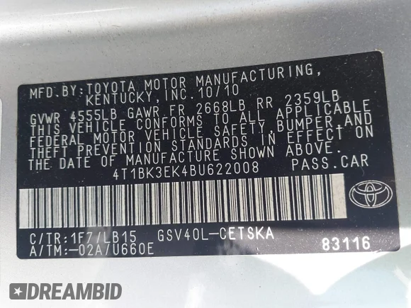 ✅ 2011 Toyota Camry XLE • VIN: 4T1BK3EK4BU622008 • Лот: 45158962. Опубліковано раніше на IAAI з пробігом 156 731 миль. Безкоштовний доступ до архіву аукціонних продажів зі США та докладний звіт про історію автомобіля на DreamBid. Зображення 9.