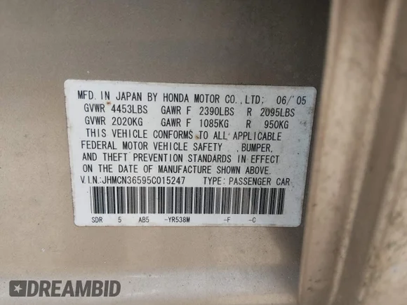 ✅ 2005 Honda Accord • VIN: JHMCN36595C015247 • Lot: 44866665. Wystawiony na IAAI z przebiegiem 111 847 mil. Bezpłatny archiwum sprzedaży aukcyjnych z USA i szczegółowy raport historii pojazdu na DreamBid. Zdjęcie 9.