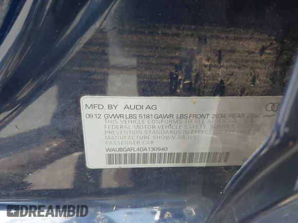 ✅ 2013 Audi S4 Premium Plus • VIN: WAUBGAFL4DA130940 • Lot: 42760560. Listed on IAAI with 132,302 mi. Free auction sales archive from the USA and detailed vehicle history report at DreamBid. Image 9.