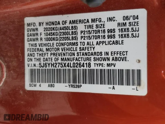 ✅ 2004 Honda Element EX • VIN: 5J6YH275X4L026418 • Лот: 82929974. Опубліковано раніше на Copart з пробігом 251 318 миль. Безкоштовний доступ до архіву аукціонних продажів зі США та докладний звіт про історію автомобіля на DreamBid. Зображення 13.